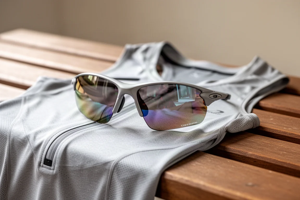 Nahaufnahme einer photochromatischen Sportsonnenbrille auf einer Laufweste