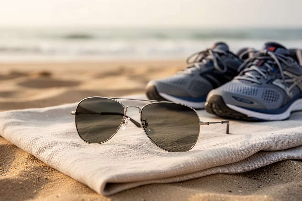 Sonnenbrille im Aviator-Stil auf einem Strandtuch neben Laufschuhen