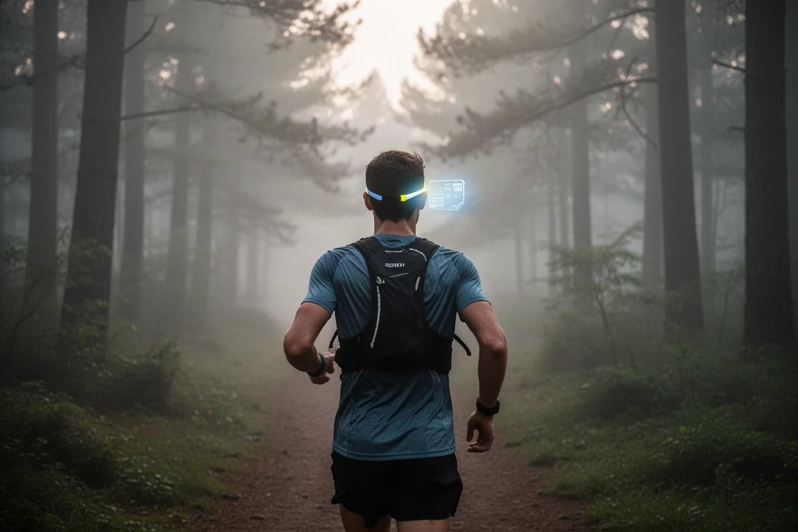 Läufer wirft einen Blick auf ein kleines Head-up-Display während eines Trailruns