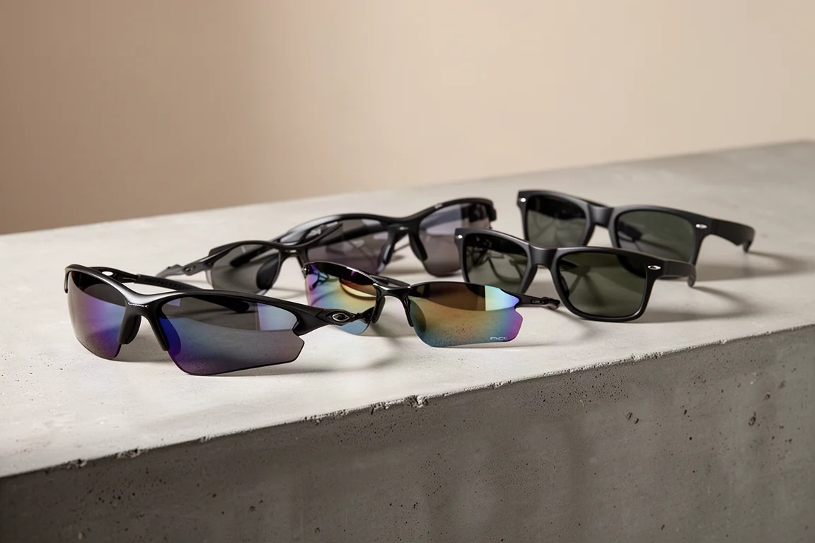 A row of sports sunglasses in various styles on a concrete surface