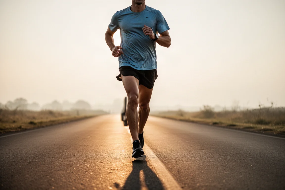 Corredor iniciando una carrera en carretera a primera hora con calor llevando una camiseta ligera