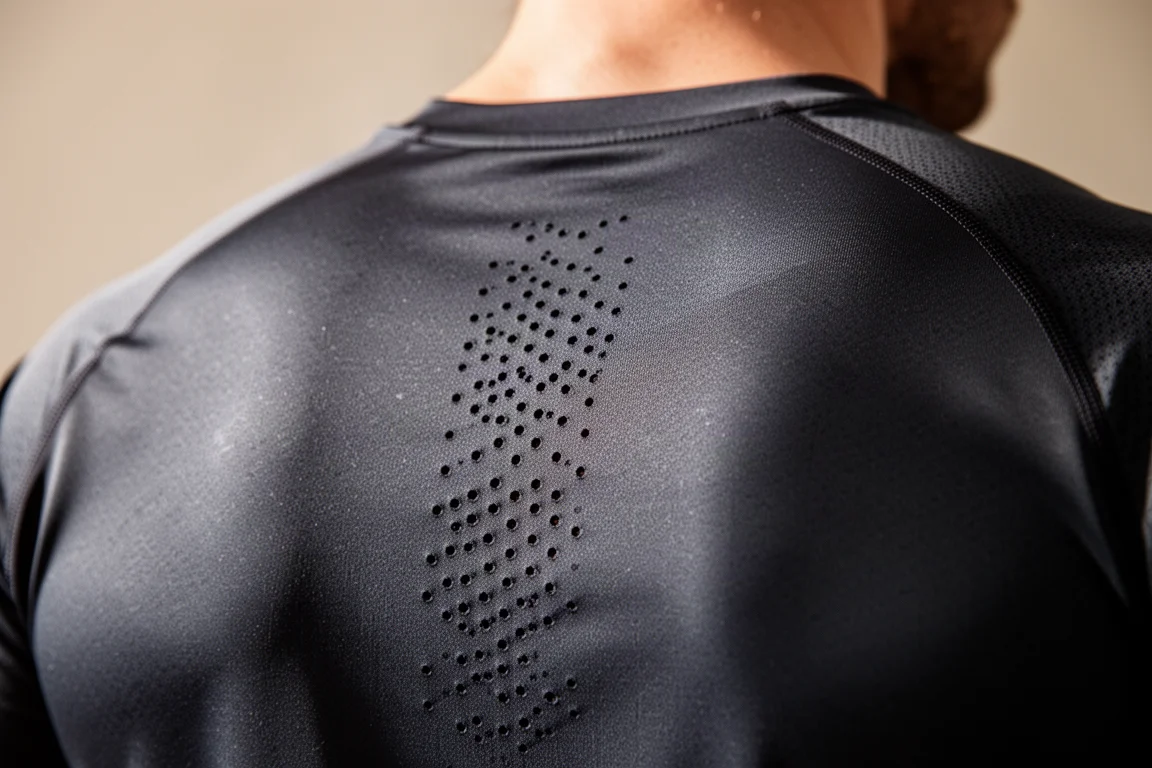 Primer plano de los orificios de ventilación cortados con láser en el panel trasero de una camiseta de running