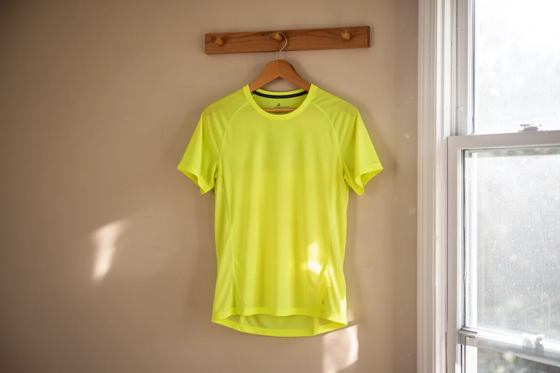 Camiseta ligera de running colgada de un gancho junto a una ventana soleada