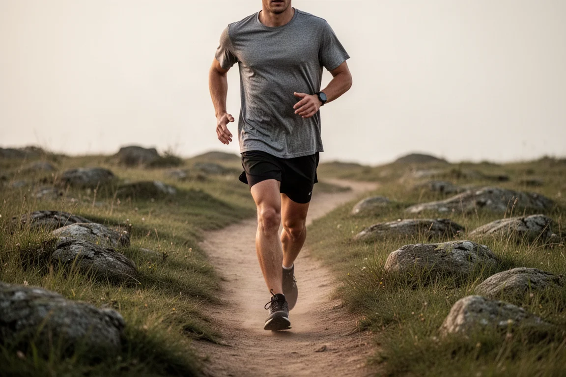Corredor de trail en un sendero polvoriento con luz suave llevando una camiseta gris lisa