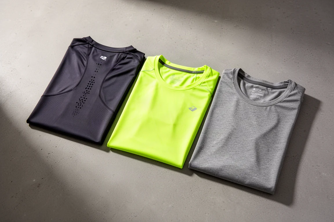 Three running t-shirts folded side by side on a concrete surface