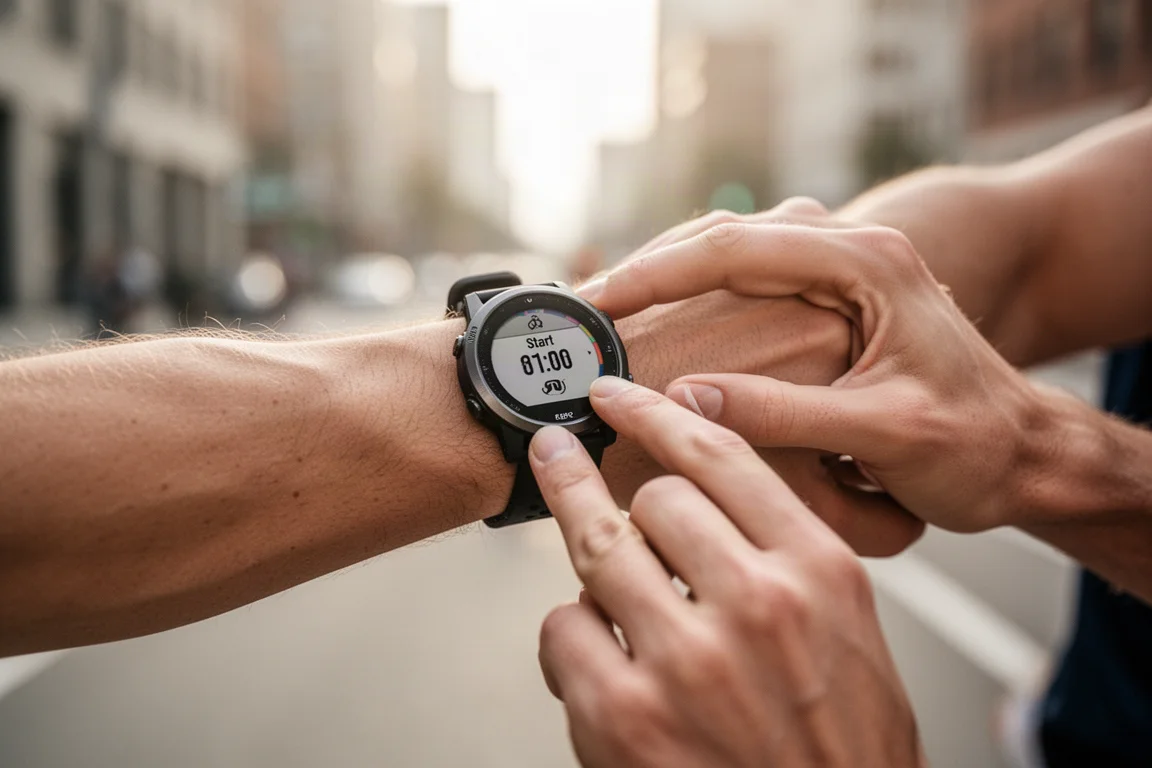 Runner checking a GPS sports watch before an early morning run