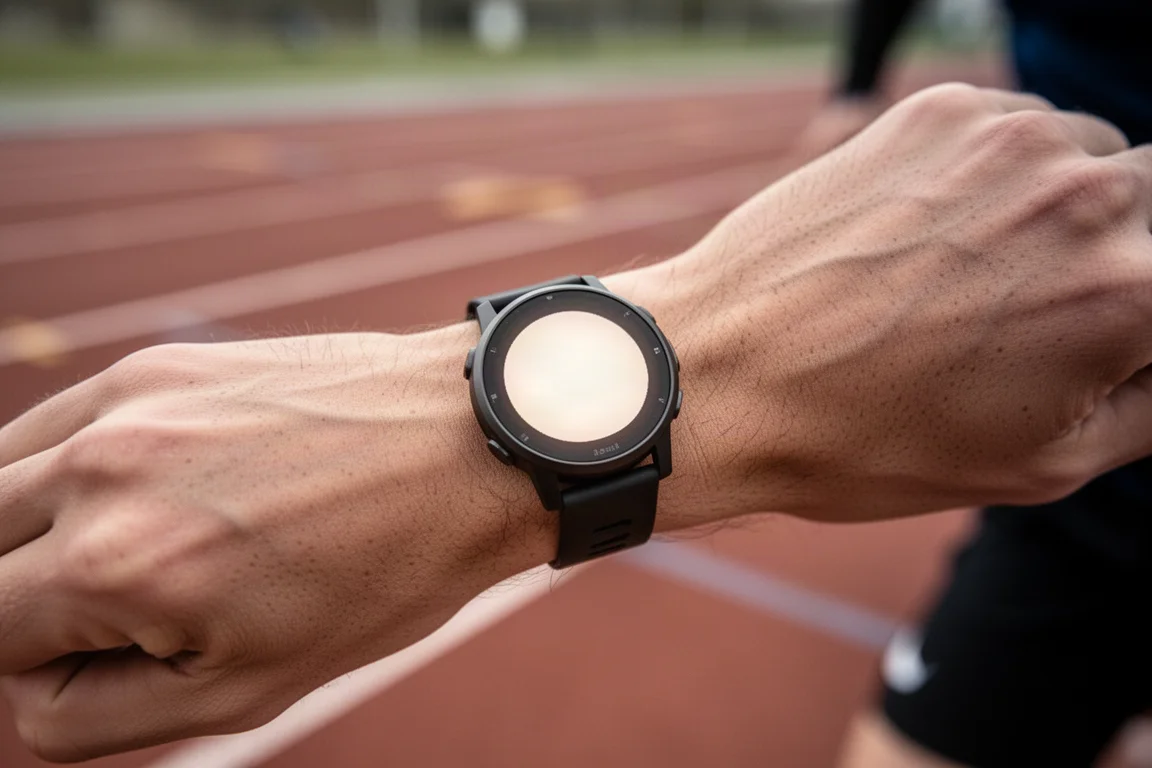 GPS watch screen showing training metrics during a track session