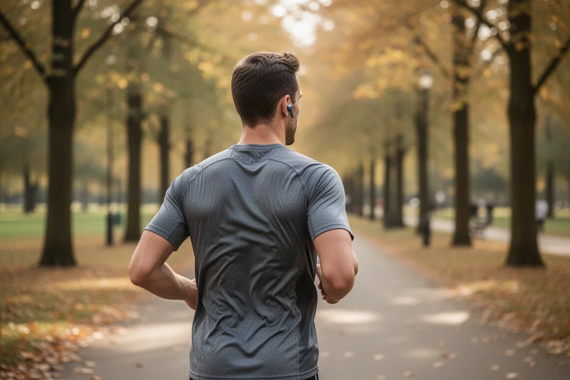Runner wearing true wireless earbuds on a park path