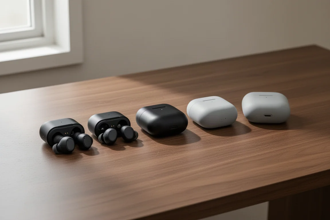 Small wireless earbud charging cases laid out on a wooden desk
