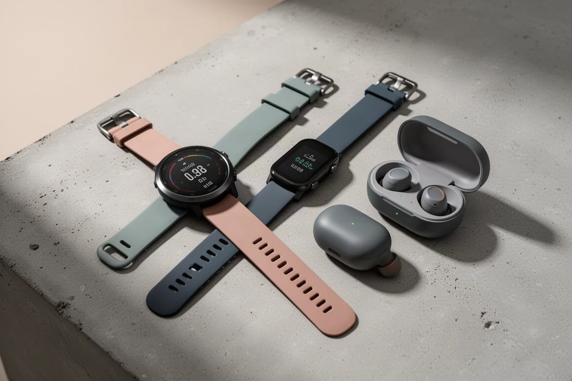 Two GPS sports watches and wireless earbud cases arranged on concrete