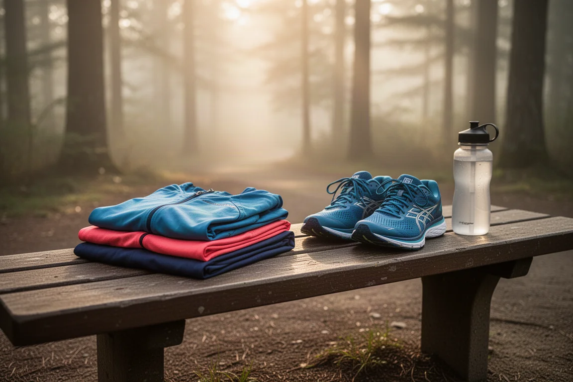 Runner preparing kit on a bench before an early morning run