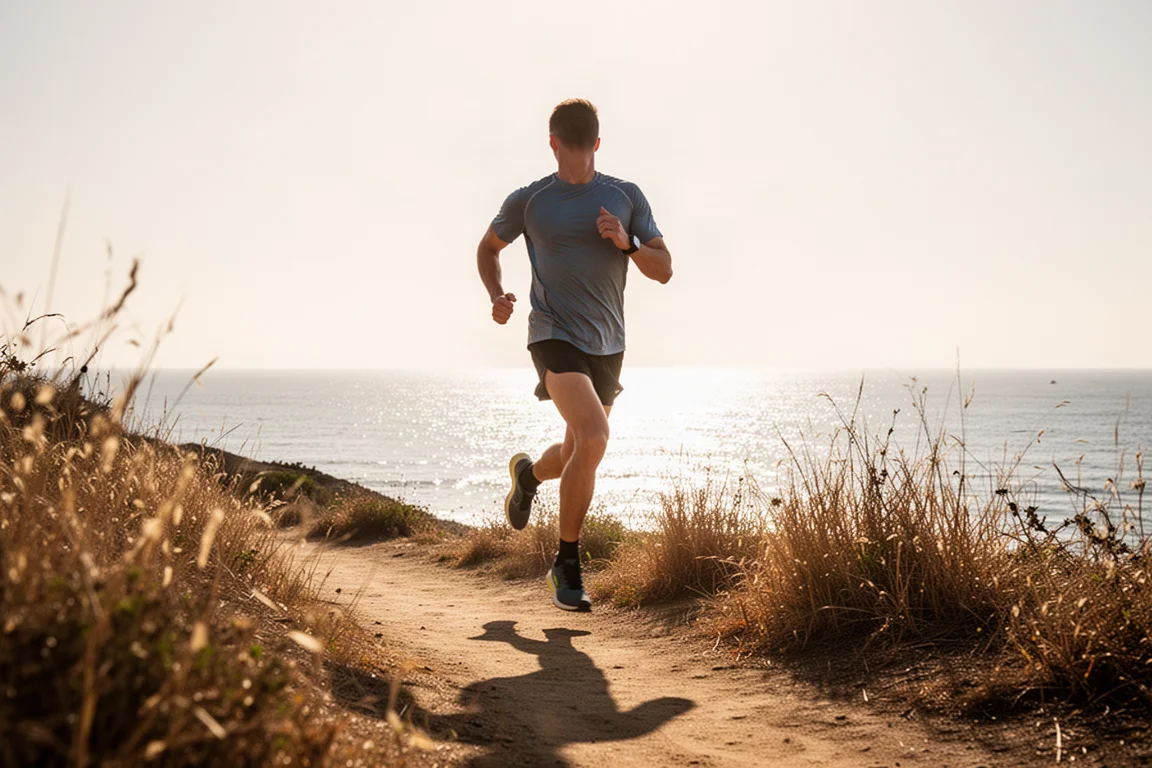 Runner on a hot sunlit coastal trail