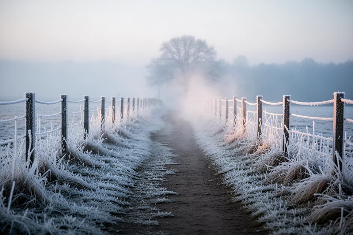Frost-covered landscape on a cold winter running route