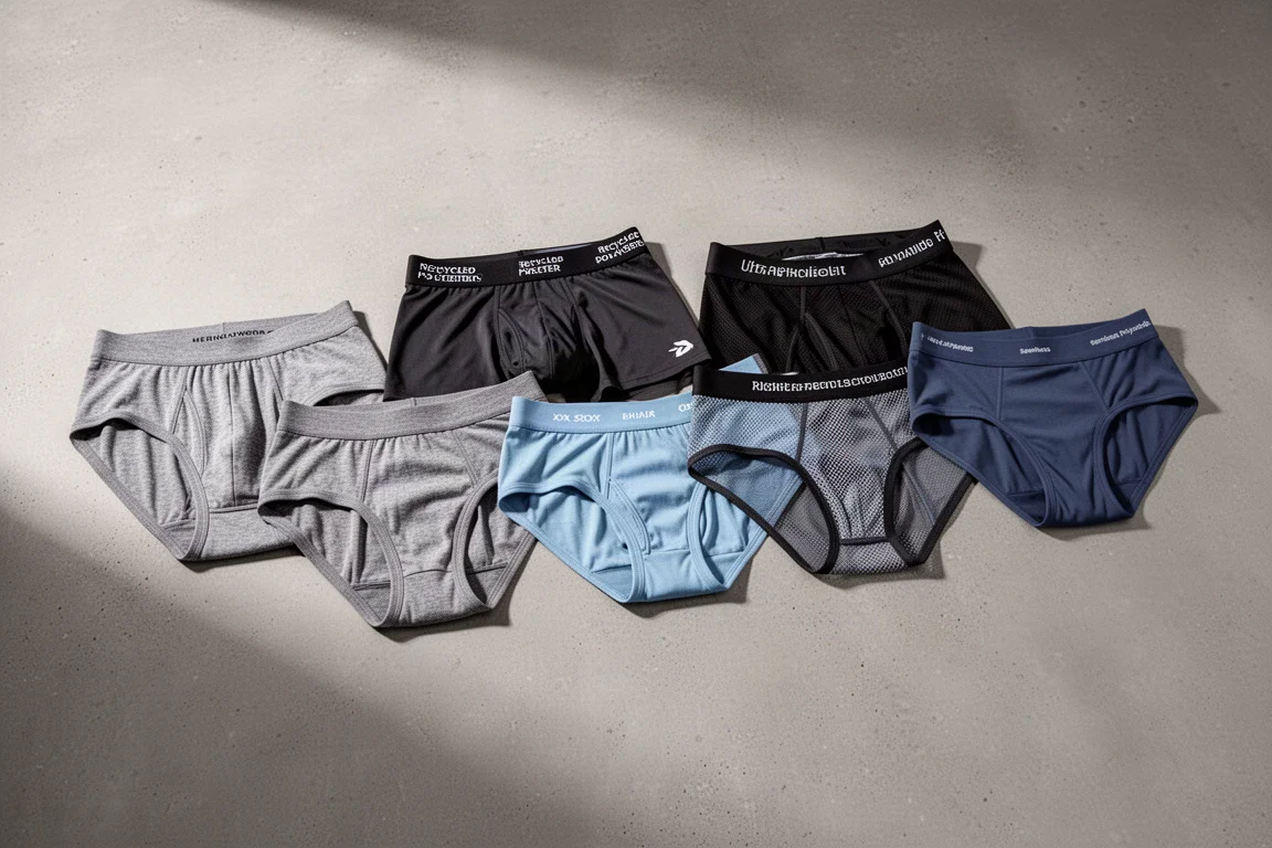 Six pairs of running underwear arranged in a row on a concrete surface