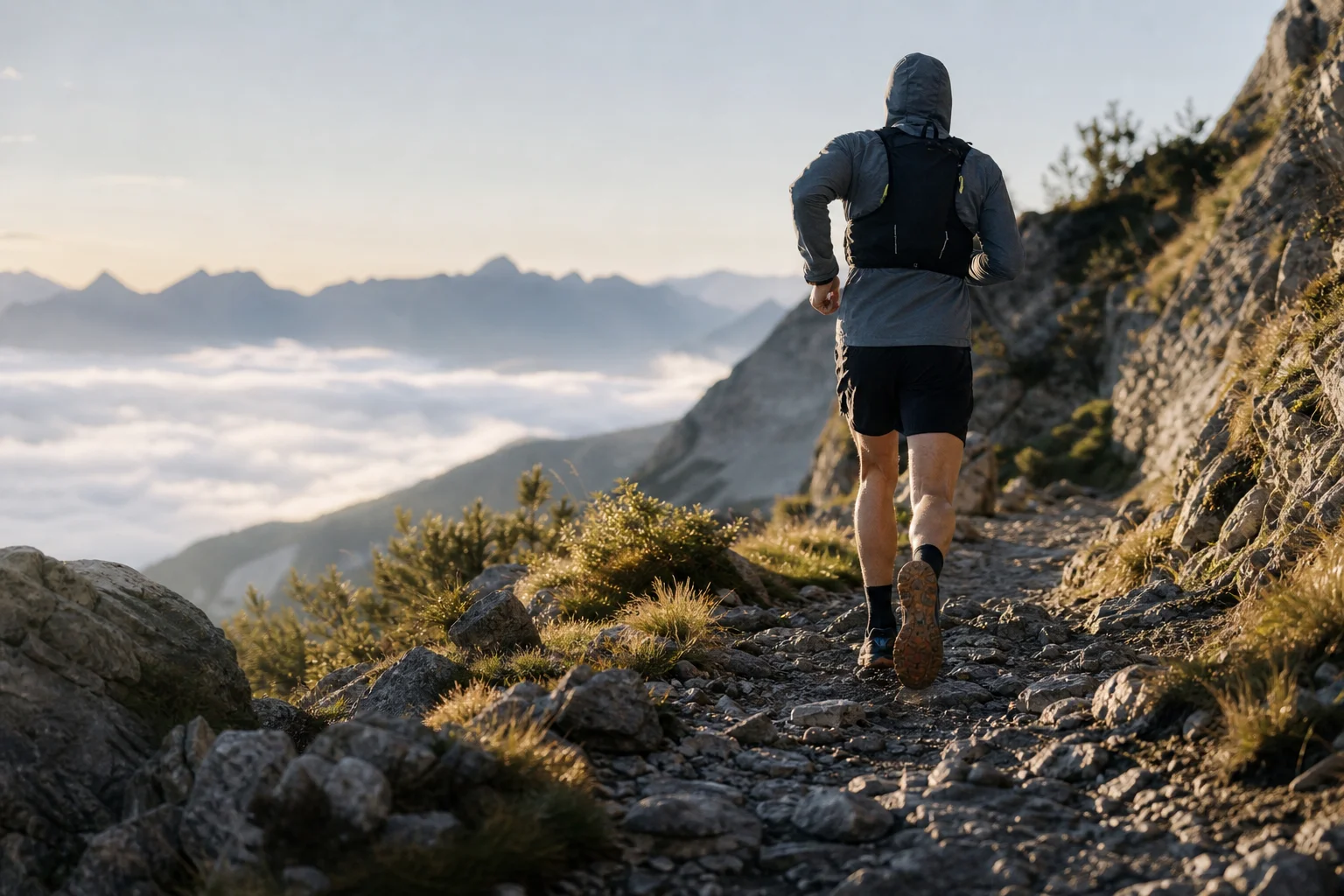 Trail runner che sale su un sentiero roccioso di montagna nella luce soffusa del mattino
