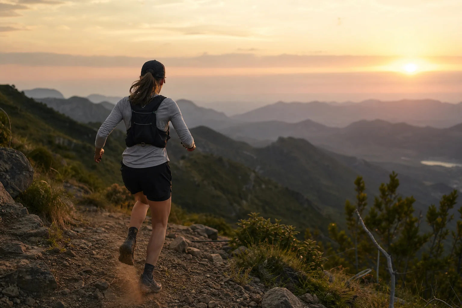 Trail runner che scende lungo un sentiero di montagna al crepuscolo con gilet da idratazione