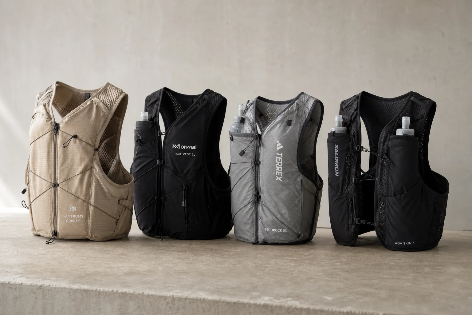 Four running hydration vests in 5L-6L range displayed on concrete surface