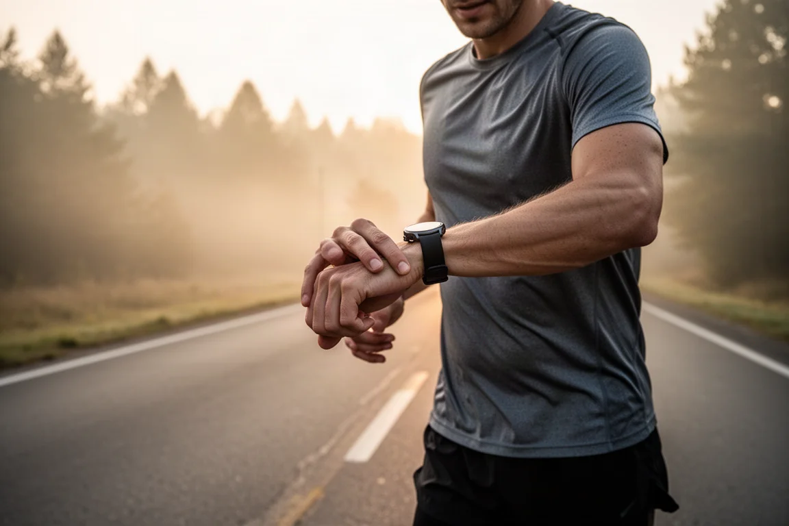 Un corridore controlla un orologio sportivo GPS all'alba su una strada deserta