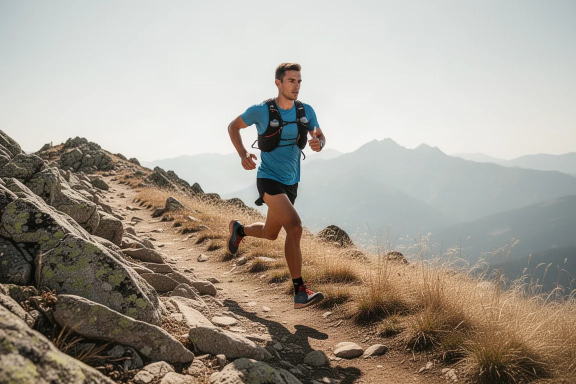 Trail runner che attraversa un terreno roccioso sotto il sole intenso di mezzogiorno