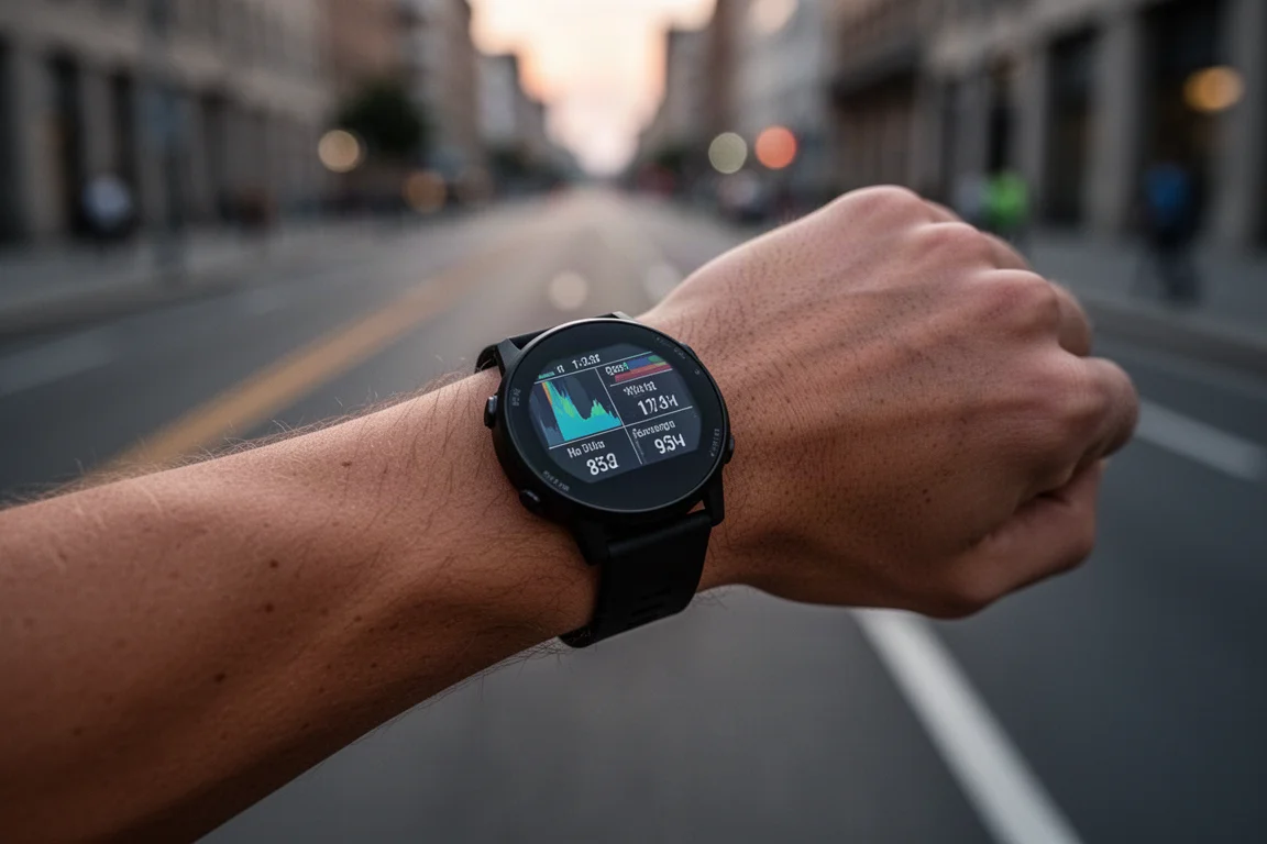 Runner controlla i dati di ritmo su un orologio sportivo al polso durante una corsa serale