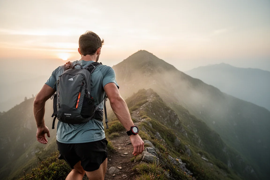 Trail runner indossa un robusto GPS watch su un lungo percorso in montagna