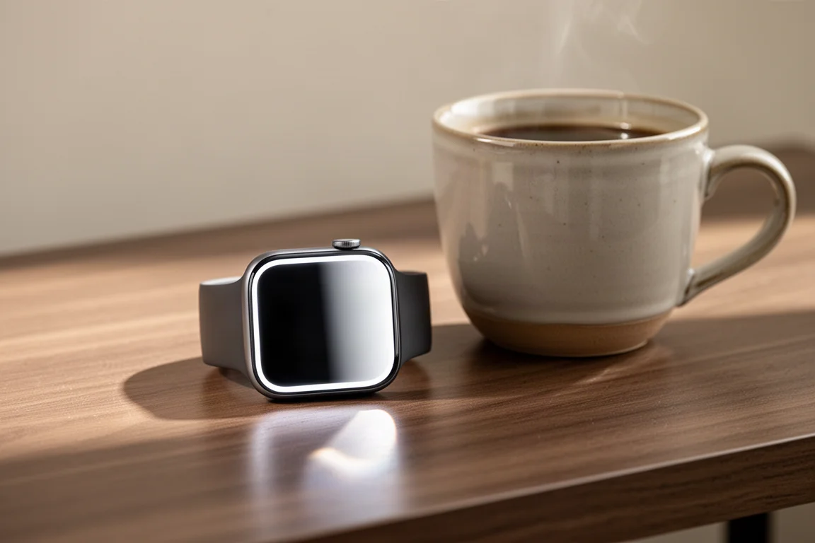 Smartwatch con display luminoso su una scrivania in legno accanto a una tazza di caffè