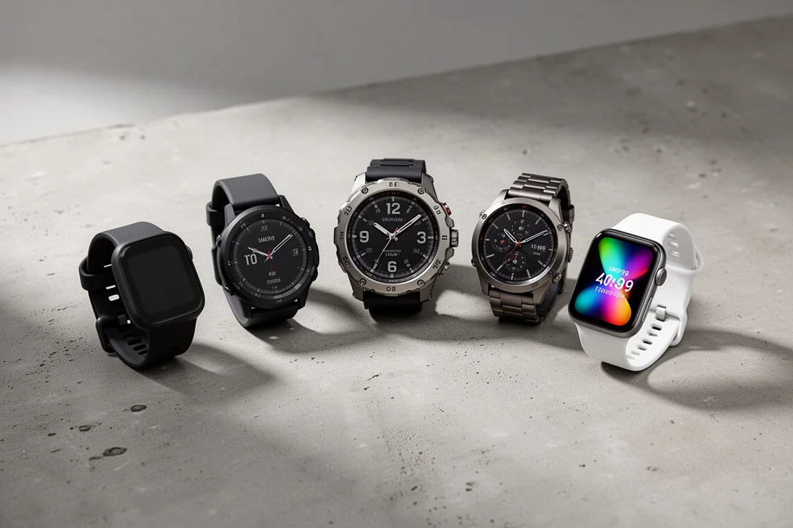 Six running and sports watches arranged in an arc on a concrete surface