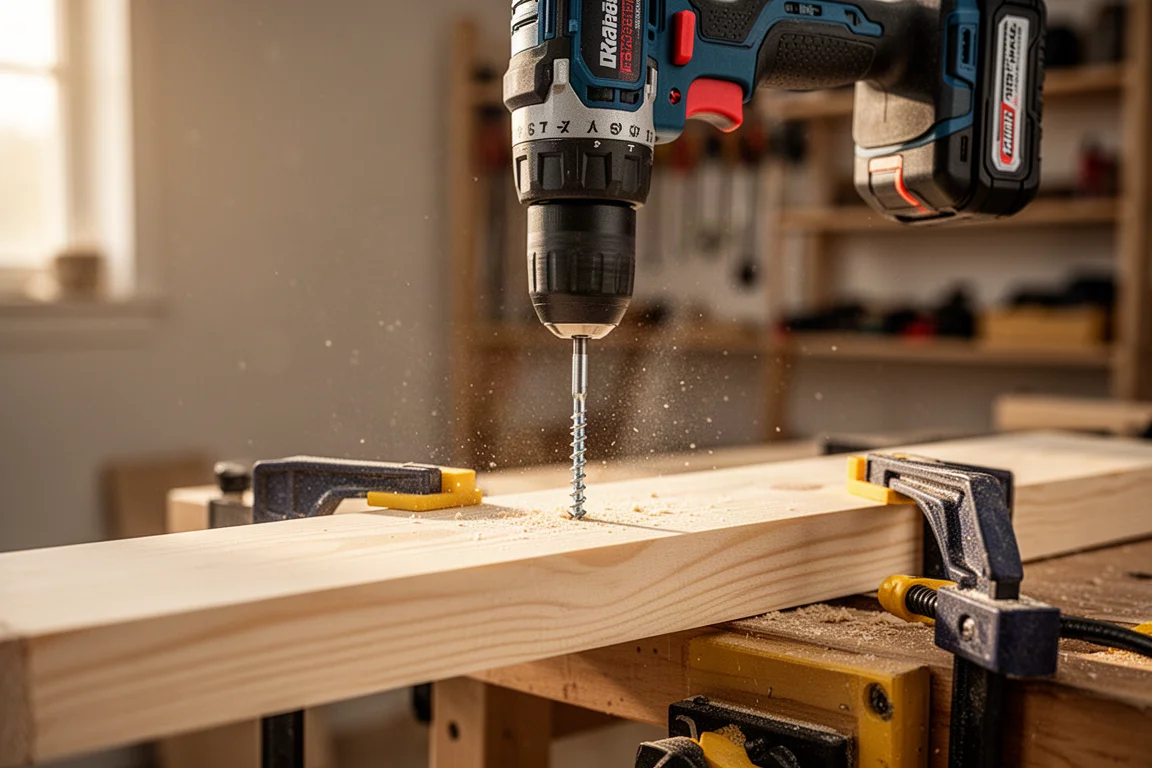 Cordless drill driving a screw into a wooden board in a home workshop