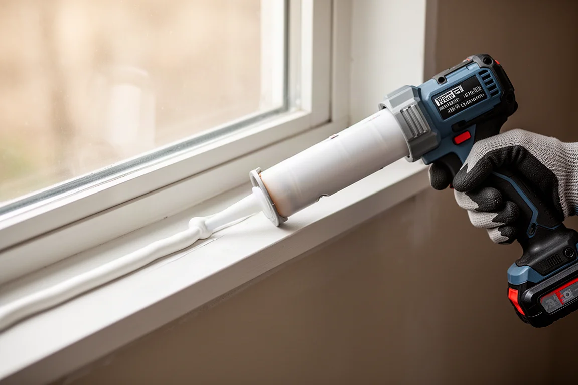 Cordless caulk gun applying a clean bead of sealant along a window frame