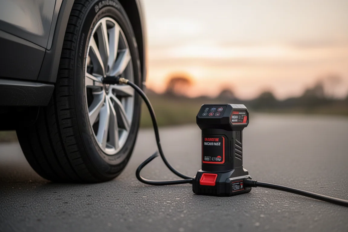 Portable inflator topping up a car tire on a driveway at dusk
