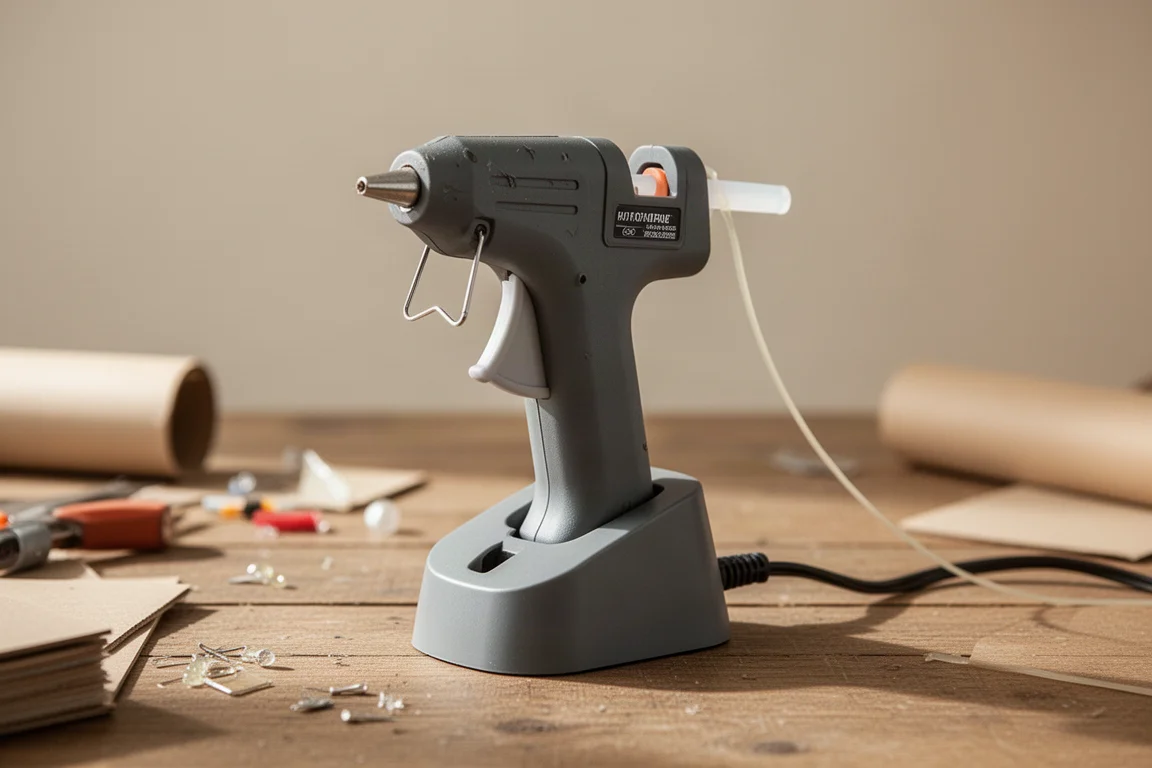 Compact hot glue gun resting in its heated charging base on a craft table