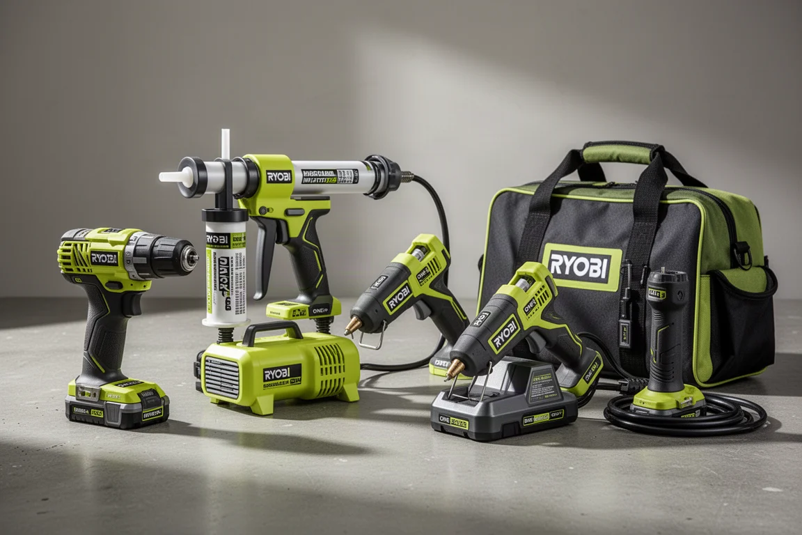 Five Ryobi ONE+ 18V power tools arranged on a concrete workshop surface