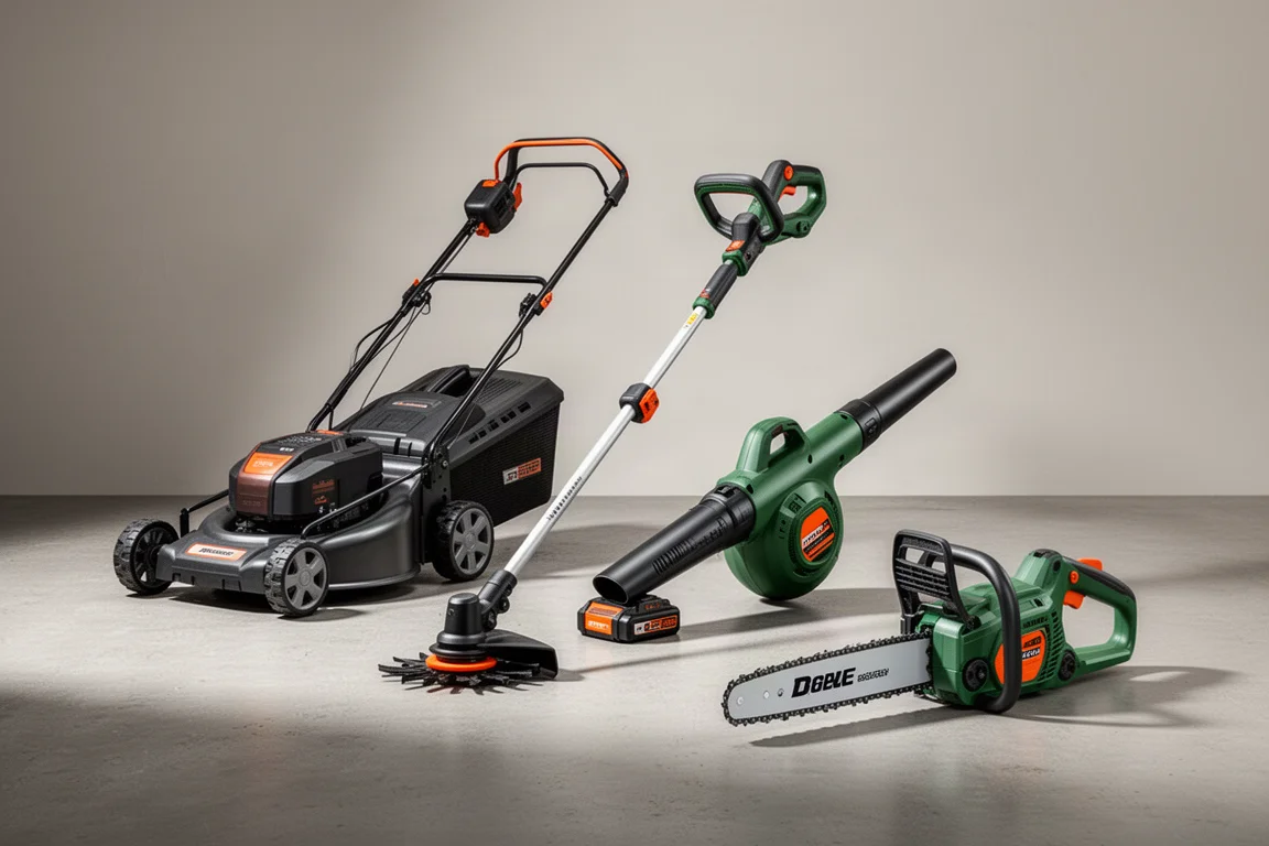 Ryobi lawn and garden tools including a mower, trimmer, blower and chainsaw on concrete