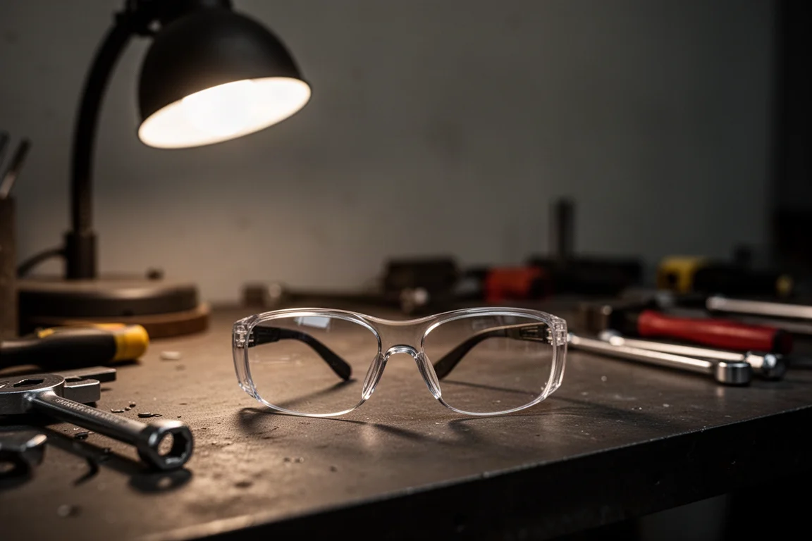 Occhiali di sicurezza con lenti chiari indossati in un angolo ombreggiato dell'officina