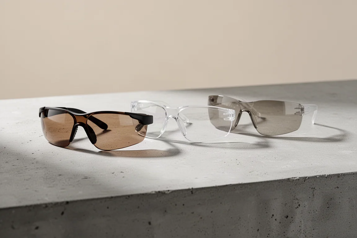 Three pairs of safety glasses with tinted, clear, and frameless lenses on concrete