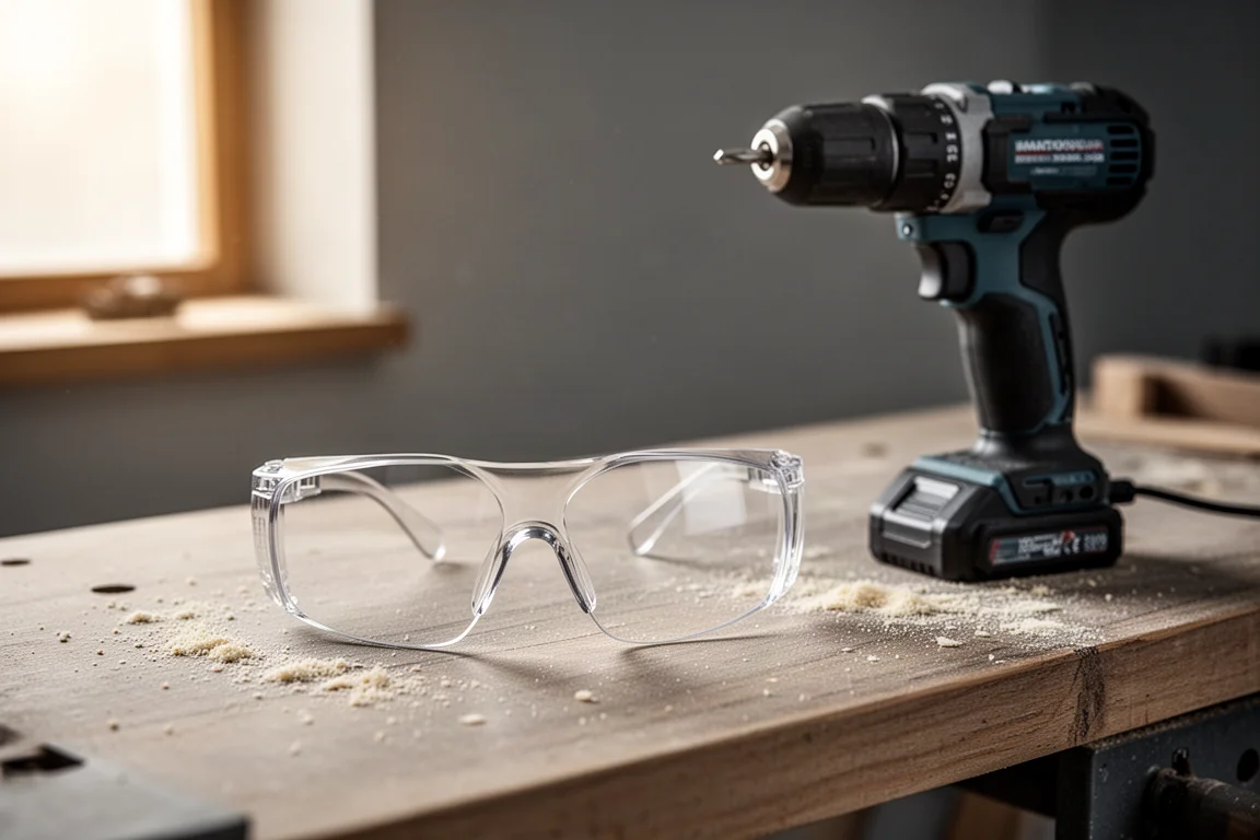 Safety glasses resting on a workbench beside a power drill and sawdust