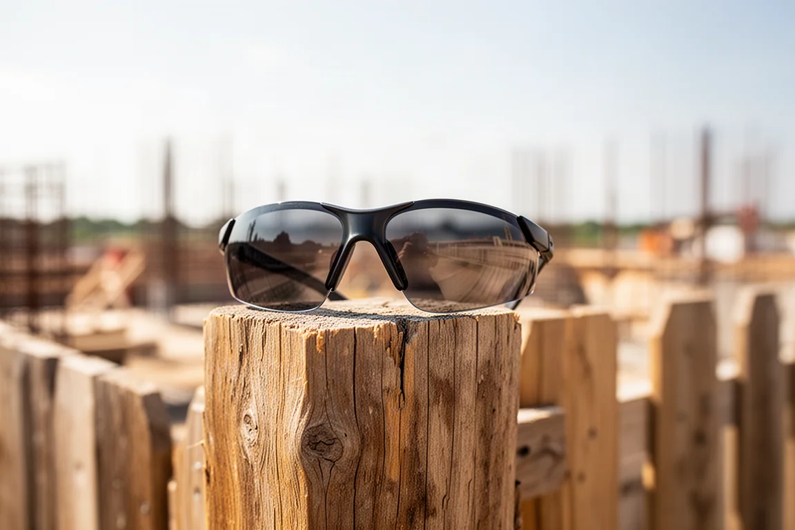 Outdoor work site with dark-tinted safety glasses on a wooden fence post