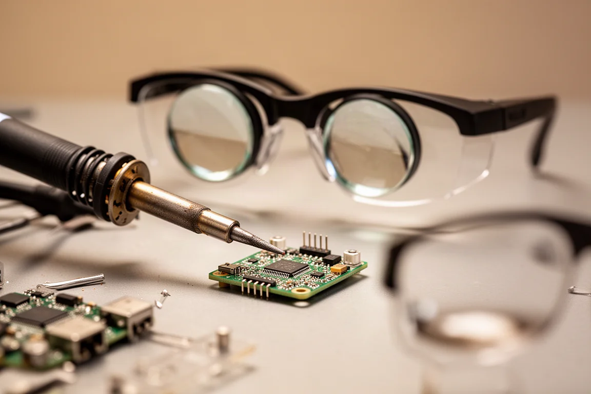 Hands soldering small electronics while wearing magnifying safety glasses