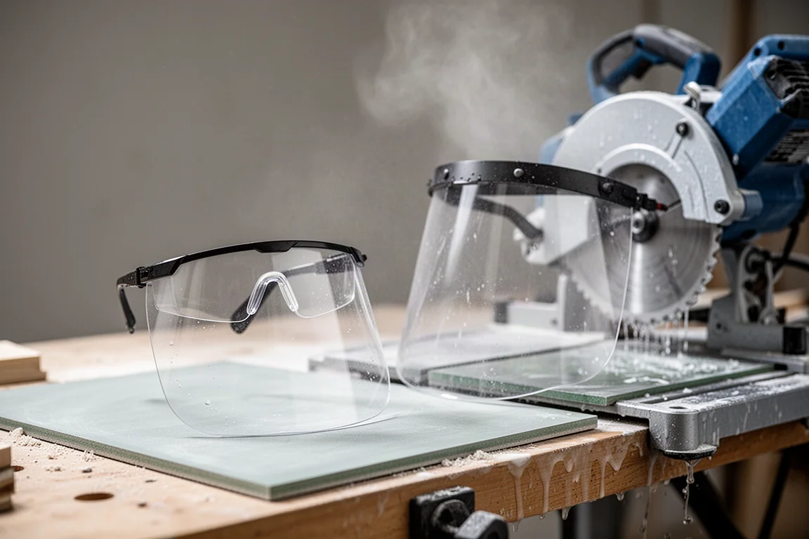 Safety glasses with face shield attachment on a workshop bench