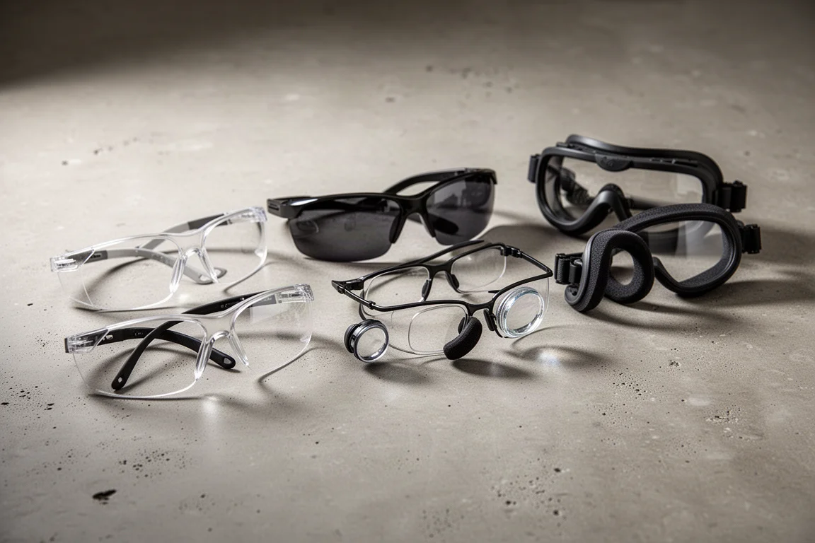 Eight pairs of safety glasses with different lens tints and gaskets on a concrete surface