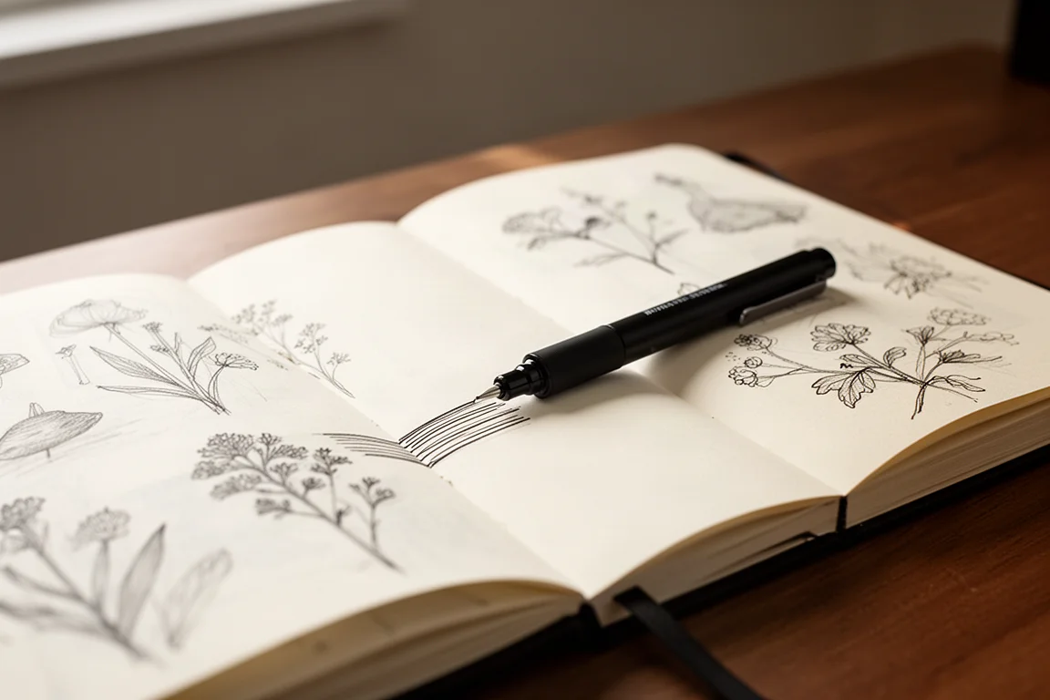 Uma mão desenhando detalhes finos em um caderno com uma caneta nankin preta fina