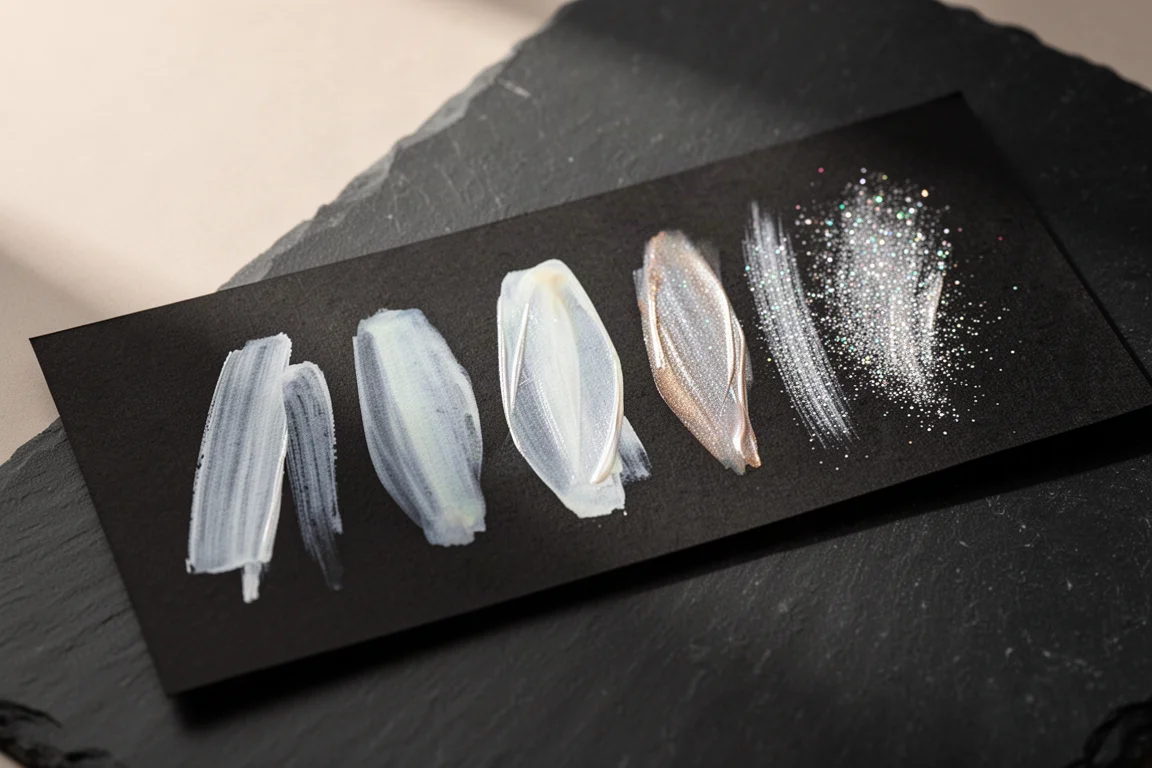 Amostras de tinta de canetas gel coloridas em papel escuro, incluindo tons com glitter e metálicos