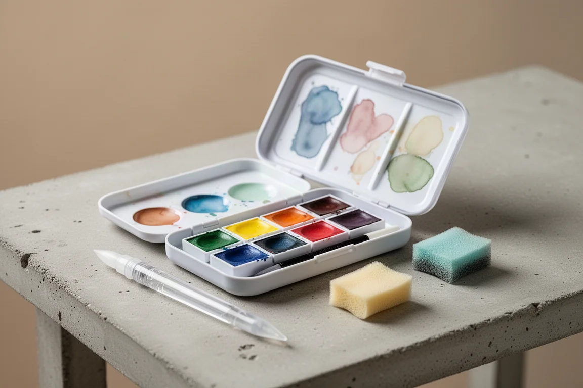 Um kit compacto de aquarela para viagem aberto sobre uma mesa, ao lado de um pincel de água e uma esponja