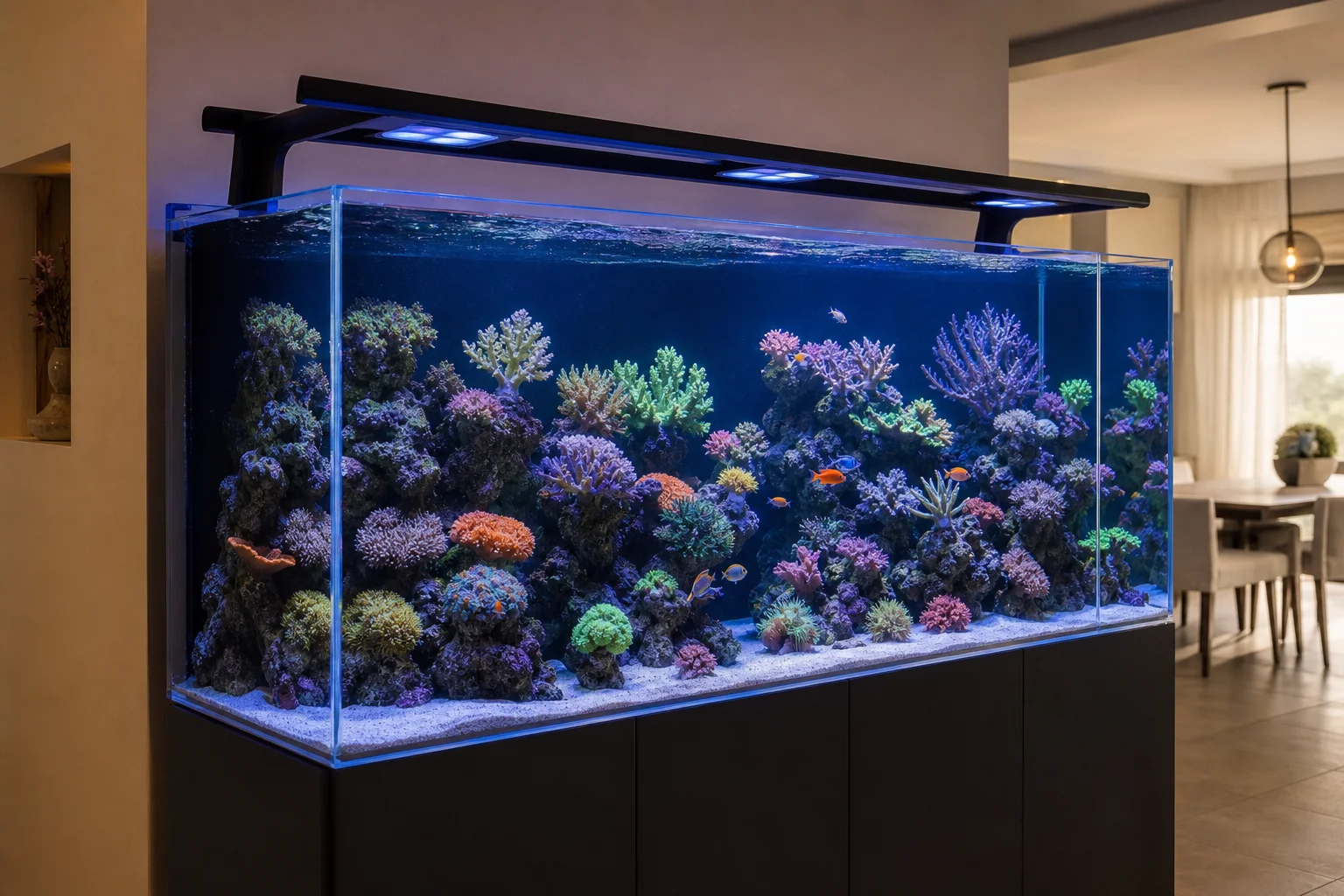 Revakvarium med friska koraller och klart vatten