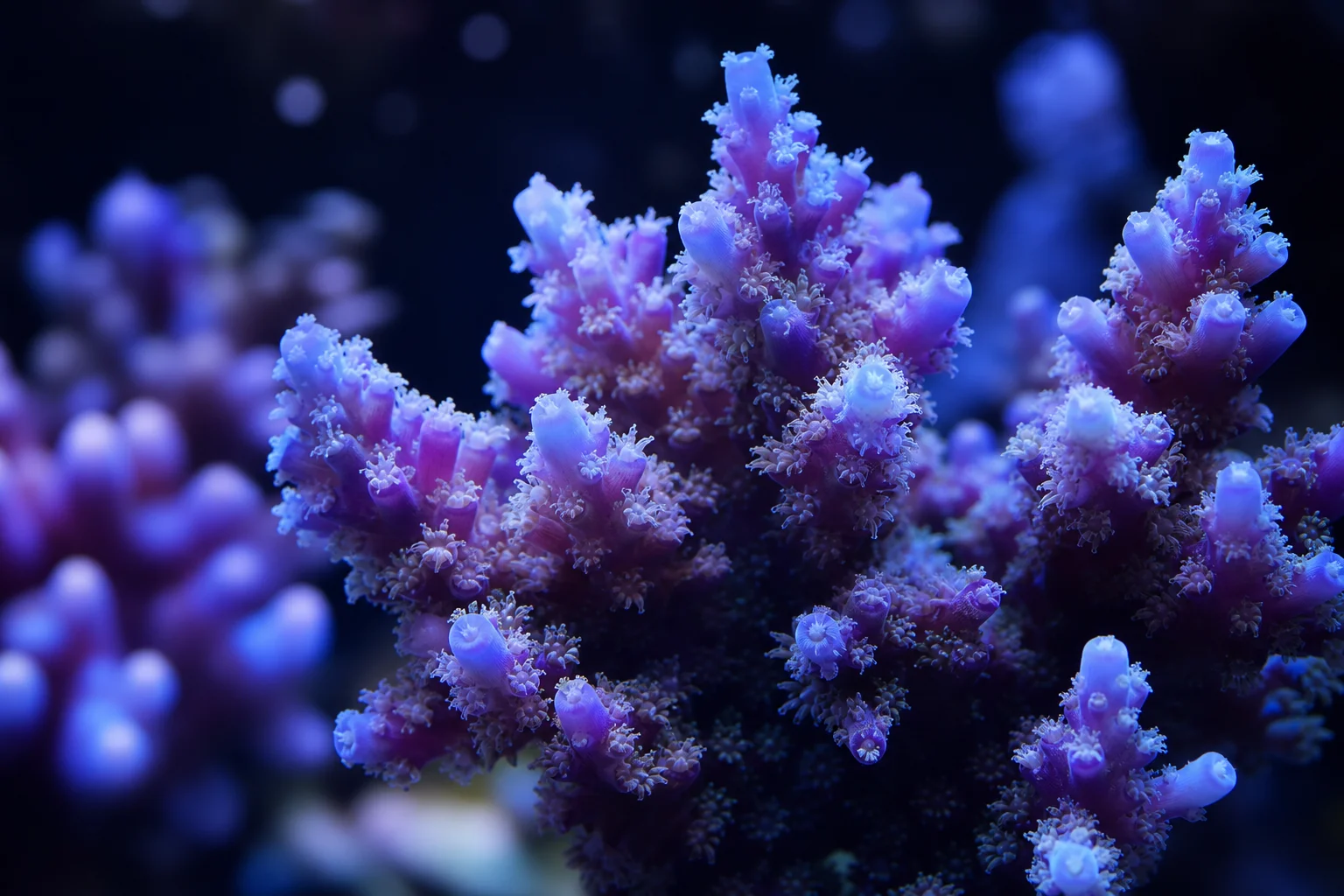 Gros plan sur des polypes de coraux colorés sous un éclairage d'aquarium bleu et blanc