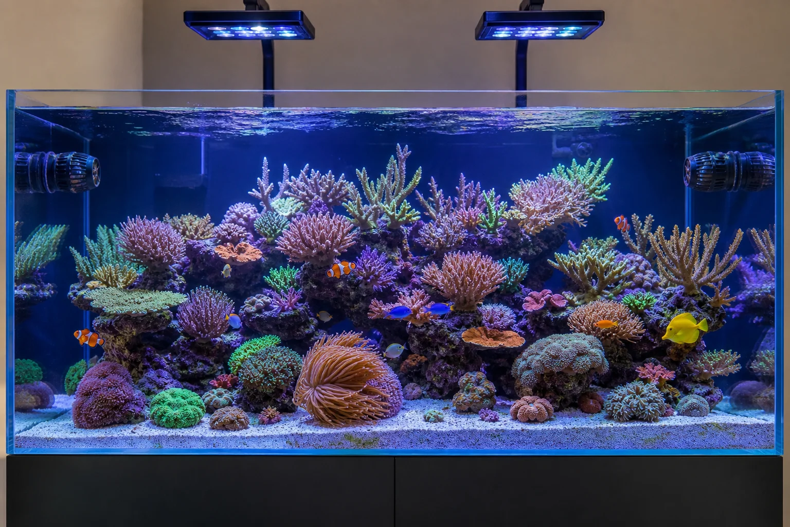 Aquarium d'eau de mer avec des coraux dans des conditions d'éclairage optimales montrant une croissance saine