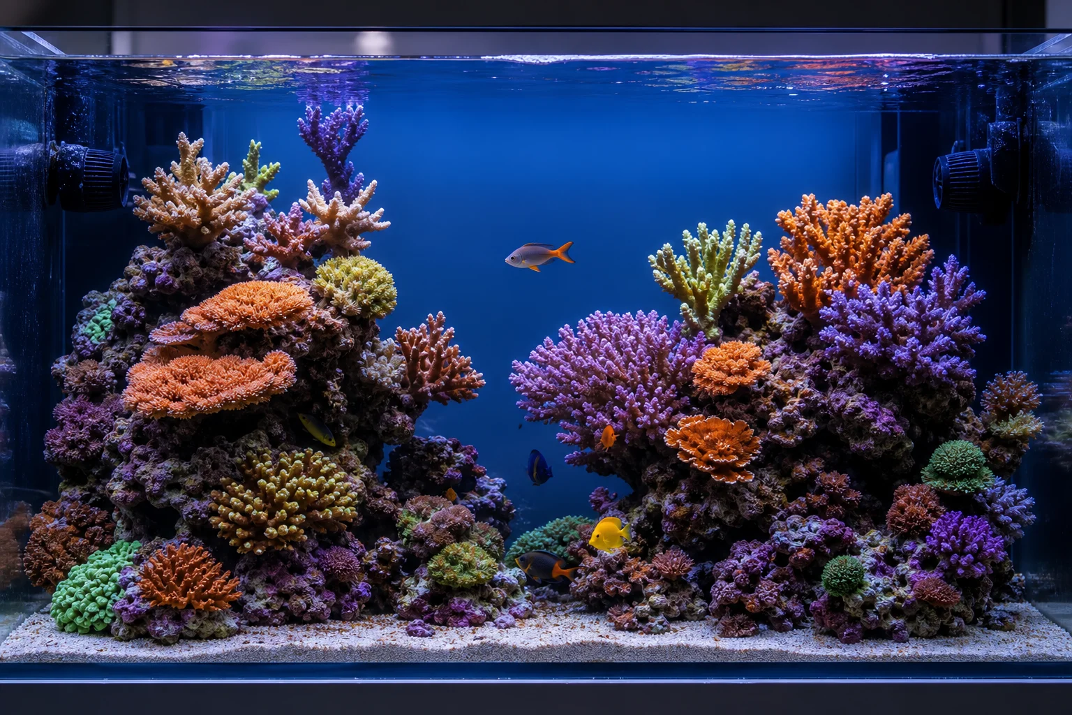 生機勃勃的珊瑚礁魚缸，內有色彩繽紛的石珊瑚與活石