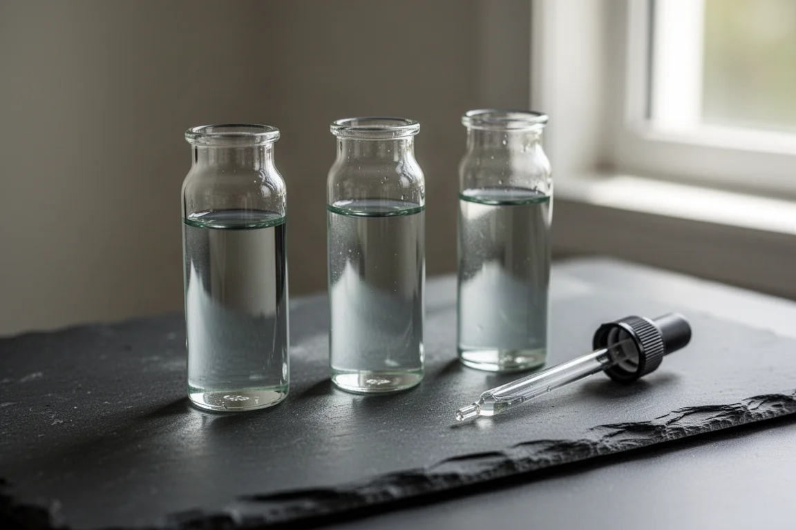Three glass vials of tank water on a dark slate counter with a fine dropper