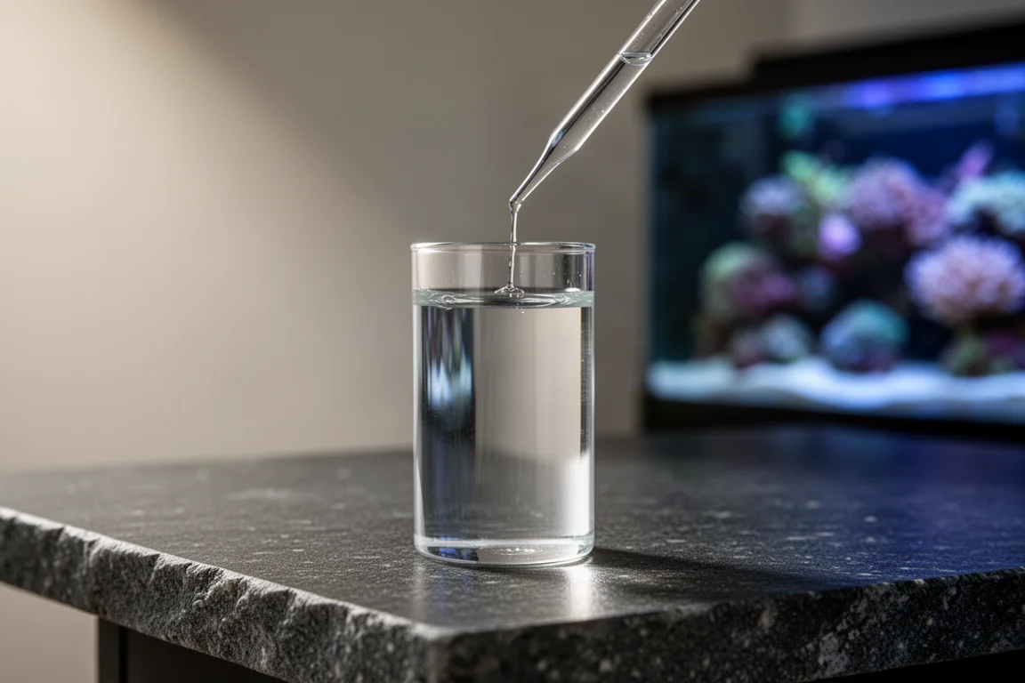Glass sample cuvette being filled by a pipette above a dark stone counter