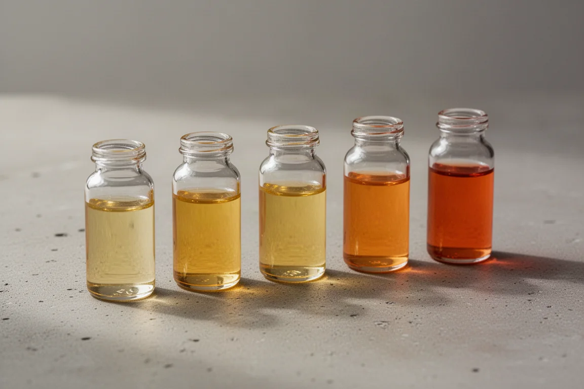 Row of glass vials showing a yellow to orange colour gradient